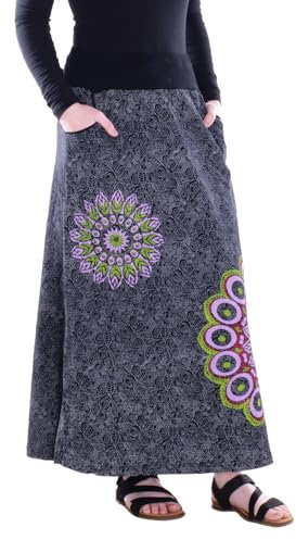 Vishes Alternative Bekleidung - Damen Maxi-Rock Baumwolle Blumen-Muster elastischer Bund mit Stickerei und Taschen schwarz 44