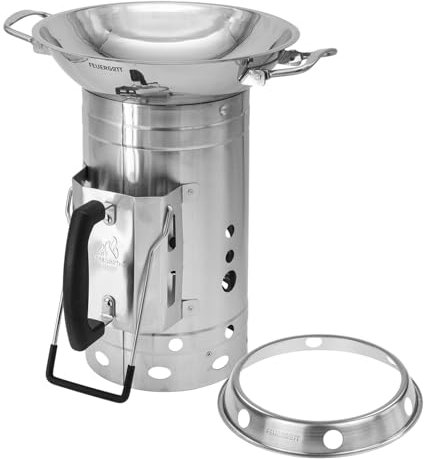 FEUERGOTT Wok Pfanne Edelstahl Ø 30 cm mit Wokring und Anzündkamin für Outdoor Kochen, Wok Kochstelle, Outdoor Küche, Camping