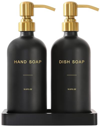 Prus Waso Schwarzer Seifenspender für Küchenspüle, Gold & Schwarz | Hand- und Spülseifenspender mit Edelstahlpumpe, perfekt für goldenes Küchenzubehör