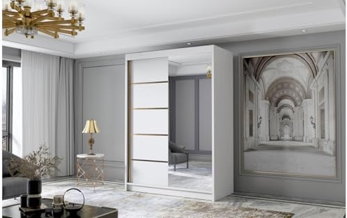ELUKS - FLAVIO GOLDEN STRIPES Sliding Doors Wardrobe with Mirror Furniture for Bedroom Living Room and Hall Organizer Width 100cm/120cm/150cm/180cm/200cm/WHITE/BLACK/CASHMERE (White, 120cm)