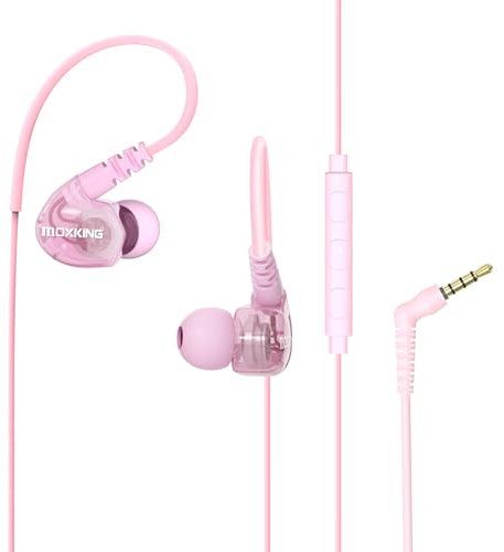 MOXKING Wired Sports Earbuds Waterproof In-Ear Headphones with Noise Isolation, Enhanced Bass & Mic for Running, Gym, Jogging & Workout Pink