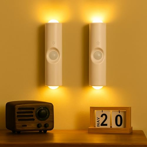 Kertaym Nachtlicht Mit Bewegungsmelder, 2 Stück Magnetische LED Nachtlicht, 3 Modi Bewegungsmelder Licht, Schlafzimmer, Küche, Badezimmer (Weißes Gehäuse mit dreifarbiger Dimmfunktion)