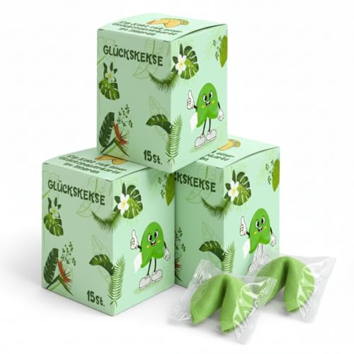 Grüne Glückskekse 3 Pack, 45 Stück - Fortune Cookies mit Sprüchen auf Deutsch & Englisch, Vanille Geschmack, vegetarisch, einzeln verpackt, kleine Geschenkidee für Gäste, Familie & Freunde