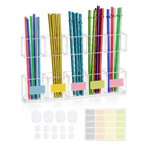 Clear Acrylic Straw Organiser for Cabinet Door, Drill-Free | with Ultra Sticky Double Sided Adhesive Tape, Reusable Tumbler Straw Dispenser for Kitchen Counter Cupboard -Transparent