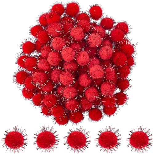 SUNNYCLUE 120 Stück 20mm Glitzer Pompons Rote Pompons Weihnachtliche Flauschige Pompons Kleine Glitzernde Lamettakugeln Rot Weich Rund Bastelpompons Großpackung Für DIY Kunstprojekte Und Weihnachtsdek