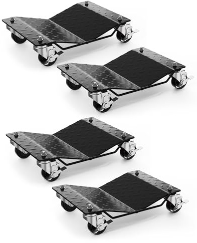 Rangierhilfe Auto 4er Set, Rangierroller 1360kg mit Bremsen, Radroller | Schwerlast, Fahrzeugheber, LKW, Anhänger, Motorrad, Werkstatt, 360° Rollen, Robust, Hebehilfe, Schwarz, Rot, Stabil