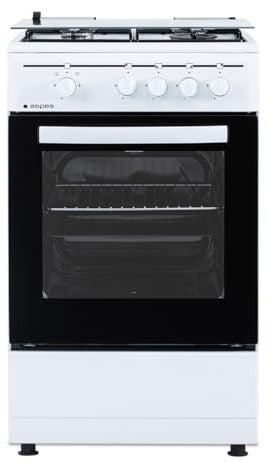 Aspes Cocina Gas Butano, 4 Zonas de Cocción, Horno 55L, Blanco, AKG4501. Control Manual, 2 Programas de Cocción, Compartimento Bombona, Cristal en Puerta Doble Capa, Tapa Abatible