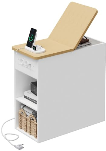 YOUDENOVA Nachttisch Schmal, Beistelltisch mit Steckdose, 2 AC, USB-A & USB-C, Nachtschrank Holz mit 2 Offene Regale und Versteckte Fächer, Couchtisch Sofatisch fürs Wohnzimmer, Schlafzimmer, Natur