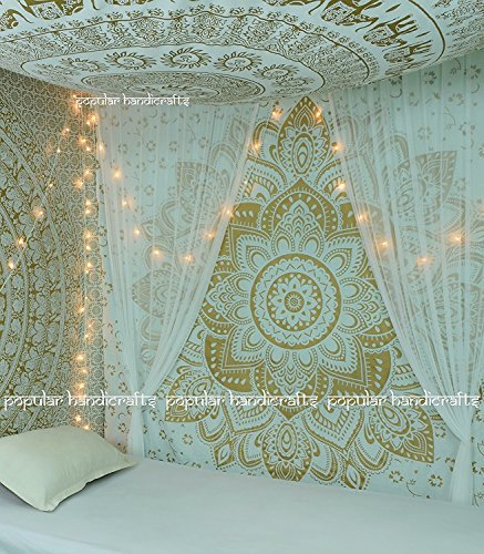 Popular Handicrafts Kp715 The Passion Wandteppich, indisches Mandala-Wandbild, Hippie-Wandbehang, Bohemian-Tagesdecke, 140 x 215 cm, Gold auf Weiß