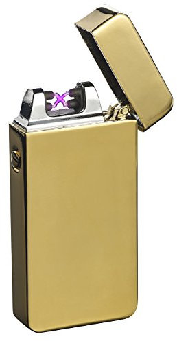 PEARL Elektro Feuerzeug: Elektronisches USB-Feuerzeug mit doppeltem Lichtbogen und Akku, golden (Tesla, USB-Plasma, Ewige Streichholz)