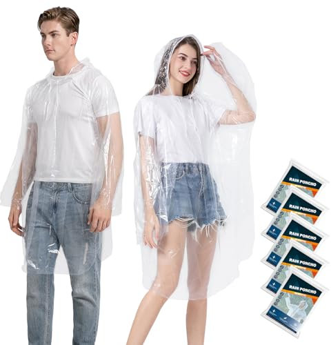 KASU 5 Pack Poncho Waterproof, Thick Disposable Rain Poncho for Adult - Pac a Mac with Drawstring Hood for Outdoor Recreation, Festivals, Camping, Hiking