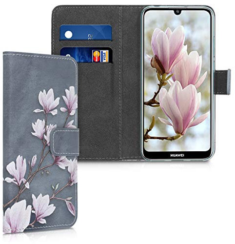 kwmobile Wallet Case Compatible with Huawei Y6 (2019) Case for Phone - Magnolias Taupe/White/Blue Grey