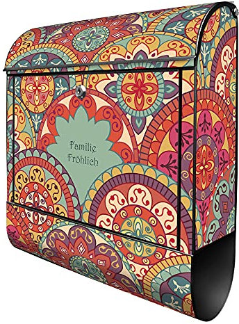 banjado® Design Briefkasten personalisiert Rosetten 38,5x46,5x13cm & 2 Schlüssel - Briefkasten Stahl schwarz Zeitungsfach pulverbeschichtet - Postkasten A4 Einwurf inkl. Montagematerial
