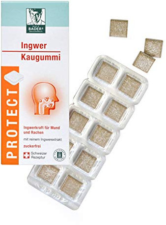 BADERs Protege el Chicle de Jengibre de la Farmacia, Sabor A Jengibre Naranja, 20 Cuadrados de Goma de Mascar, Producto Suizo, Blanco, 37 g