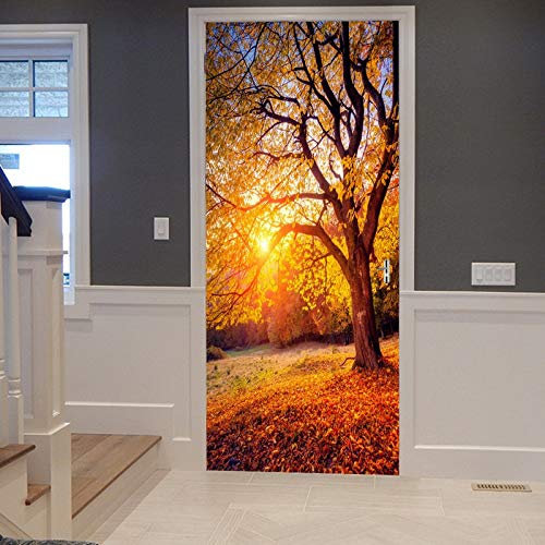A.Monamour Türtapete Selbstklebend Türfolie Türposter 3D Herbst Buche Gefallen Goldgelb Blätter Natur Sonnenuntergang Vinyl Folie Türdeko Tapete Wandbild Türaufkleber Türtattoo 90 x 200 cm