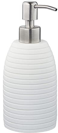 Relaxdays Seifenspender, 300 ml, nachfüllbar, Bad, WC, Küche, Flüssigseifenspender, Polyresin, Edelstahlpumpe, weiß, Harz