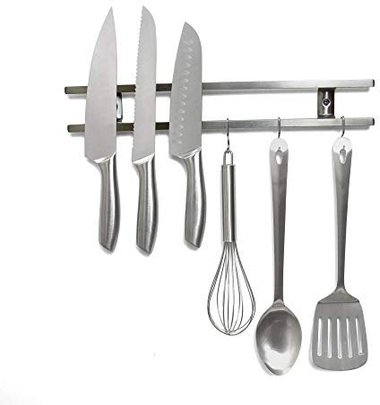 Rack de Couteau Magnétique Argenté Avec 5 Accessoires á Crochet Pour la Cuisine, la Maison, Le Garage, Le Bureau et Le Hangar