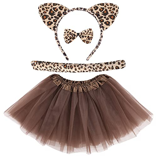 Neer 4 Pcs Cheetah Costume Set for Kids Girls Leopard Cat Ears Headband Tails Ears Bow for Animals Zoo Keeper Cosplay(Cheetah,Kids,Brown)