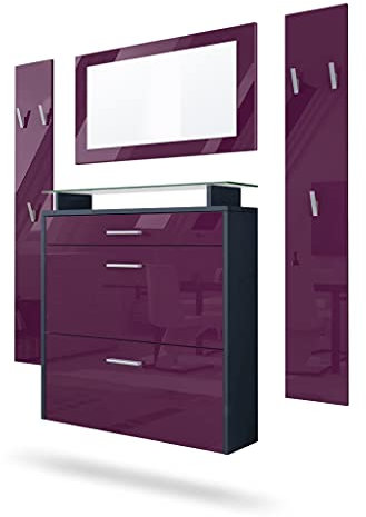 Vladon Garderobe Malea, Garderobenset bestehend aus 1 Hängeschuhschrank, 1 Wandspiegel und 2 Garderobenpaneele, Anthrazit matt/Brombeer Hochglanz