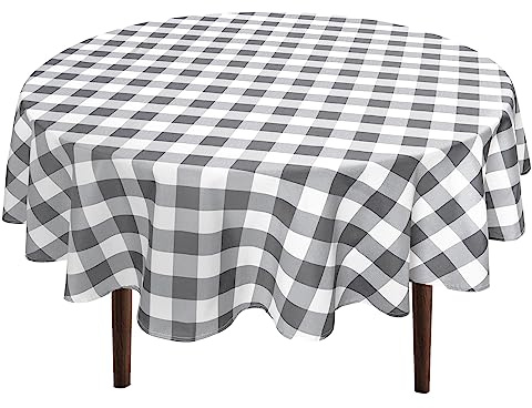 Hiasan Nappe ronde à carreaux en tissu imperméable, résistante aux taches et aux plis lavable pour salle à manger, fête, pique-nique en plein air, gris et blanc, 114 cm