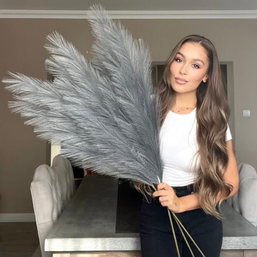 VOULUX Césped artificial de pampa artificial de color gris claro, extra grande, esponjoso, 3 tallos de 115 cm, flores de plantas grises altas, hierba de pampa larga