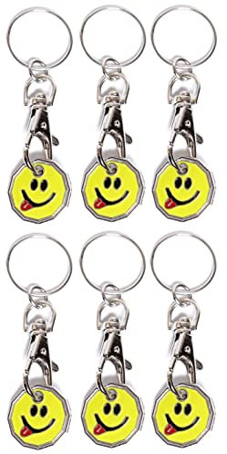 Craft 4 You Pack of 6 x Shopping Trolley Token UK Keyring £1 Coin Shape Pound Tokens Key Ring for Supermarkets Locker Gym (6 x Smiley Tongue)