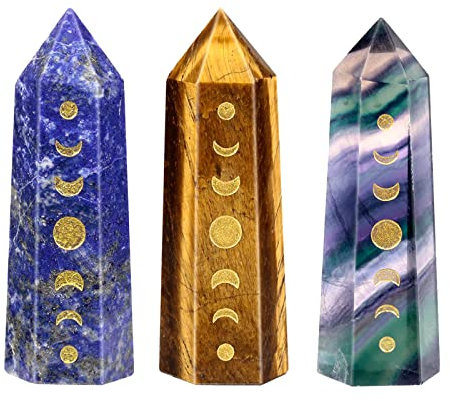 KYEYGWO Mondphasen Kristall Zauberstab Set, 3 Stück Positive Energie Stein Quarz Punkte Mondfinsternis Sechseckiger Prisma Stäbe Edelsteine Ornament Mond Deko, Braun/Blau/Mehrfarbig