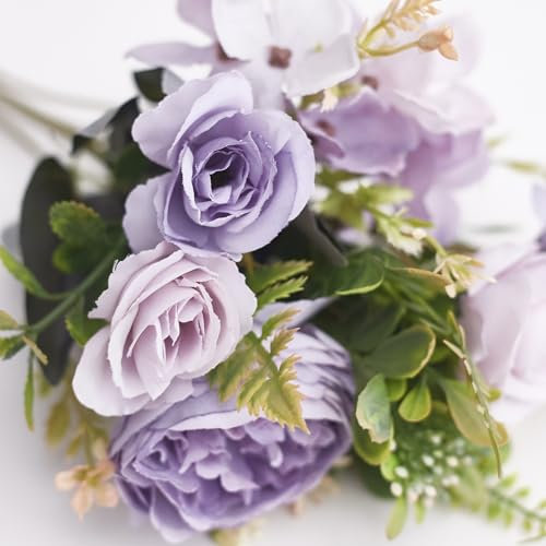 The Baked Studio – Silk Artificial Flower Bouquet (Peony Rose Hydrangea Foliage) – Realistic Fake Plant for Cake Decoration, Home Décor, Weddings, DIY and Crafts (Lilac & Purple)