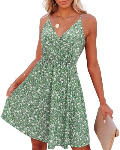 VOTEPRETTY Sommerkleid Damen Knielang Spaghettiträger Sommer Kleid Kurz Leicht V Ausschnitt Strandkleid