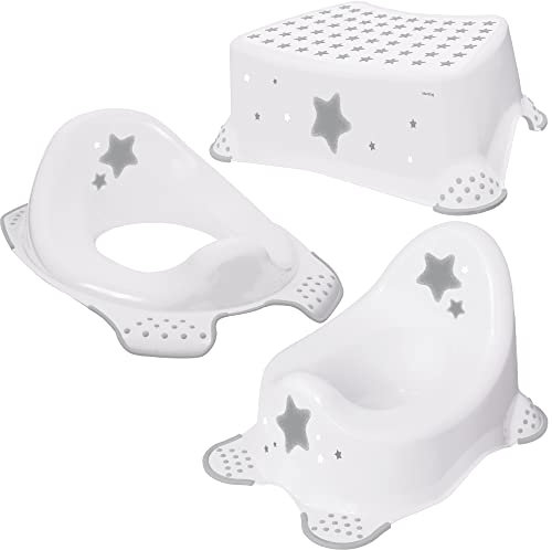 Babycurls Toilet Training Potty Set Includes Kids Non Slip Up Step Stool + Toilet Training Seat + Steady Potty Unisex White for Safe Toddler Loo Potty Training in The Bathroom and Home