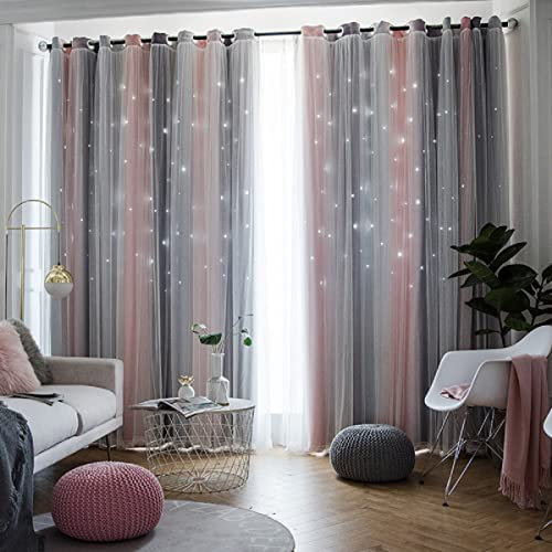 iyoimono Sternen Vorhänge Kinderzimmer Mädchen Voile Gardinen mit Ösen Verdunkelugsvorhang Rosa Grau Vorhänge Farbverlauf Blickdicht für Schlafzimmer Wohnzimmer 1 Stück 275 x 132cm (H × B)