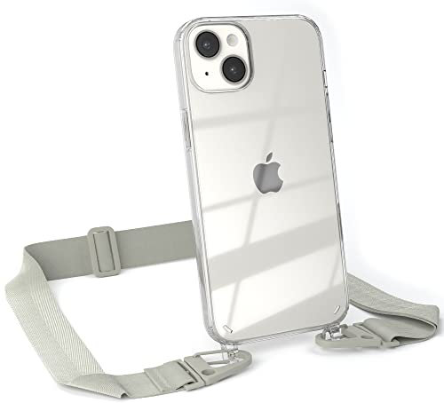 EAZY CASE - Hülle mit Band kompatibel mit iPhone 14 Plus Handyhülle mit Umhängeband Silikonhülle Transparent Schutzhülle Handykette zum Umhängen Handykordel Smartphone in Taupe - Clips Taupe