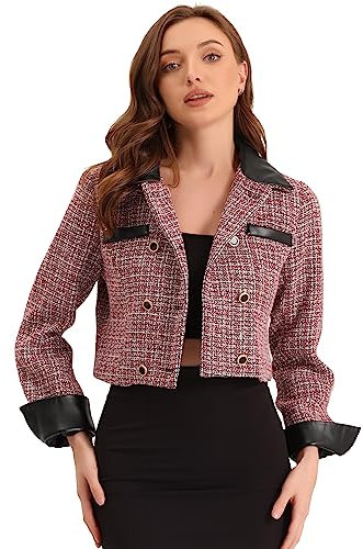 Allegra K Vestes Courtes en Tweed pour Femme avec col à Revers contrasté et Blazer à Carreaux Vintage à Double Boutonnage Rouge XS