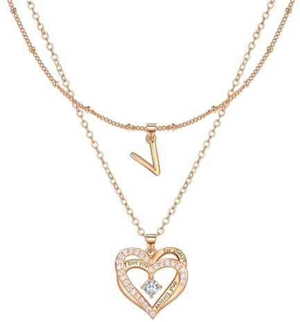Lydreewam Rose Gold Layered Heart Necklaces for Women, Dainty Layering Heart Initial Letter V Necklaces with Cubic Zirconia, Adjustable Chain Necklaces Jewelry Gift