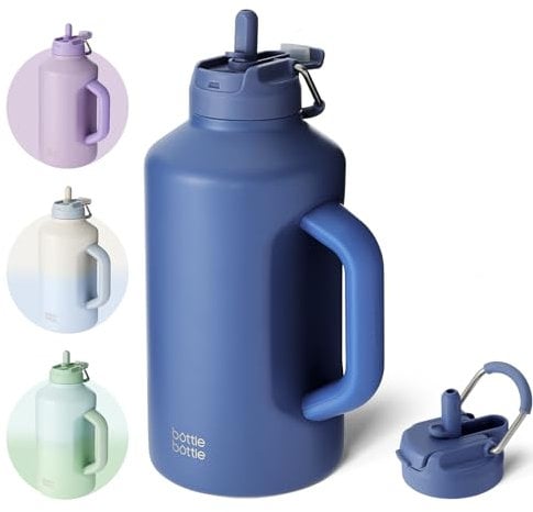 BOTTLE BOTTLE Isolierte Wasserflasche mit Strohhalm und doppeltem Deckel, Sport-Edelstahl-Wasserflasche für Herren, mit Griff, Vakuum aus Edelstahl, für Workout, Fitnessstudio, Fußball und Sport