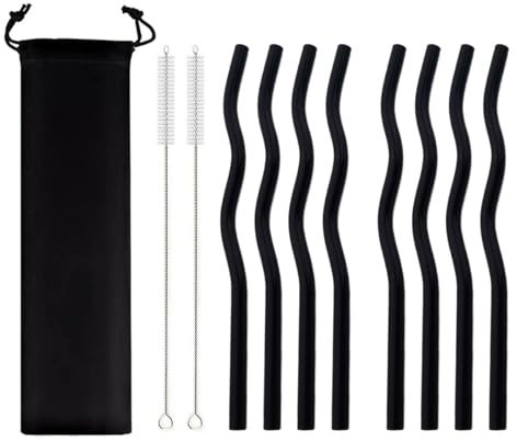 JASHII Lot de 8 pailles en verre ondulées noires réutilisables de 20 x 0,8 cm avec pochette noire, pailles en verre multicolores pour boire des boissons, café, lait, thé