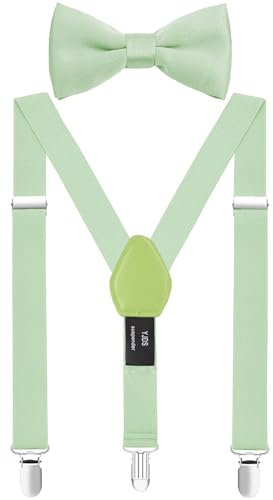 EOAYONY Hosenträger und Fliege, verstellbar, elastisch, Salbeigrün, M: 30'' (about 3-8 yrs)