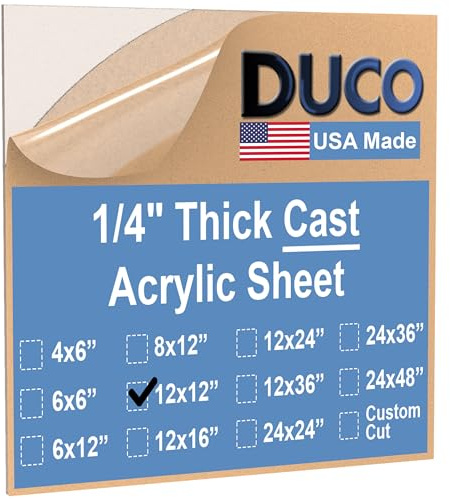 Duco Clear Cast Acrylic Sheets 1/4 (6mm) Thick 12 x 12 - 1 Pack of USA-Made Transparent Plexiglass Sheet - Shatter Resistant Acrylic Board for Window Replacements, Displays, Signs, & Shelving
