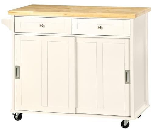 HOMCOM Carrito de Cocina Isla de Cocina Multifuncional con 4 Ruedas 2 Puertas Correderas 2 Cajones Estantes Ajustables y Barra de Colgar para Comedor Sala 110x49,5x89,5 cm Crema