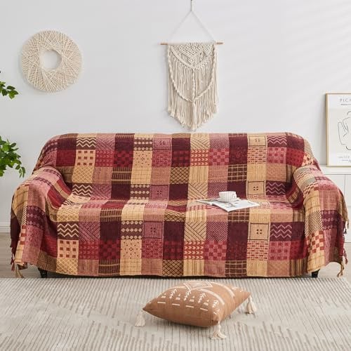 Edcooy Boho-Überwurfdecke, Patchwork, große Decken für Sofa, Doppelbett, Sessel, Couch, gewichtet, weiche Möbelüberwürfe, Quasten, Chenille-Überwürfe und Decken für böhmische Dekoration, L - 220 x 260