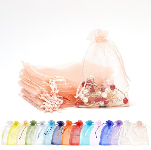 MORAINJAY Sacchetti Organza 100 Pezzi 9x12cm Rosa Champagne con Coulisse per Matrimonio, Bomboniere, Caramella, Gioielli