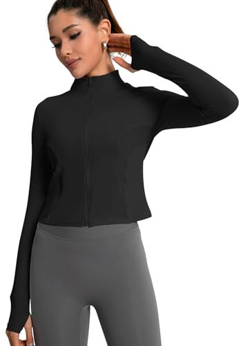 T-Shirt Damen Gym Sport Top Oberteil Yoga Langarm Crop Top Sportshirt Leicht Fitness Oberteil mit Reißverschluss und Daumenloch (DE/NL/SE/PL, Alphanumerisch, S, Regular, Regular, Schwarz)