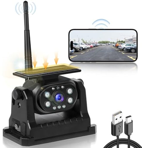 Hodozzy Cámara de Visión Trasera para Coche Inalambrica, WiFi Cámara,Carga Solar, Base magnética Camara Trasera IP68 Impermeable &Gran Angular& Visión Nocturna para Caravana Camión RV Remolque