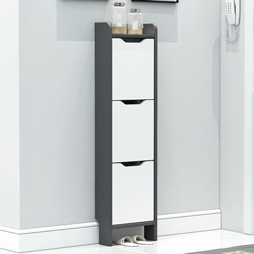 JDHSKCF Shoebox Walnut+White Shoe Cabinet with Doors – Slim Free Standing Tipping Bucket Shoe Rack Organizer for Entryway – 40cm/16in Narrow Shoe Storage Selfless dedication