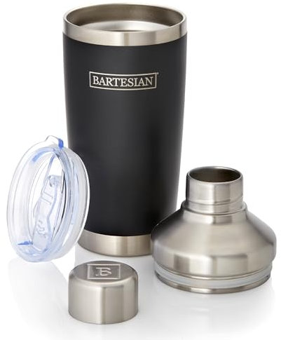 Bartesian Insulated Cocktail Shaker - Double Walled Vacuum Insulated Home Bar Shaker Cup with Built-In Strainer & Drinking Lids - Stainless Steel Mixed Drink Shaker for Martini, Margarita