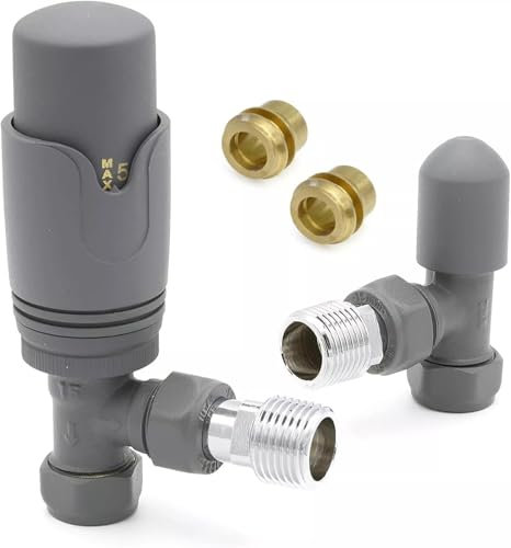 Team Controls Anthracite Grey Angled Thermostatic Radiator Valves & Lockshield 8mm Pack Set- inc 2no. 8mm Inset reducers