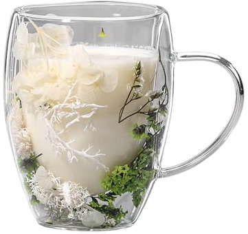 Double Walled Glass Coffee Mug 350ML, Dried Flowers Insulated Glass Coffee Cups with Handle, Flower Glass Tea Cup, Heat Resistant Cappuccino Latte Glasses Gi-fts for Milk, Tea, Hot Cold Beverages