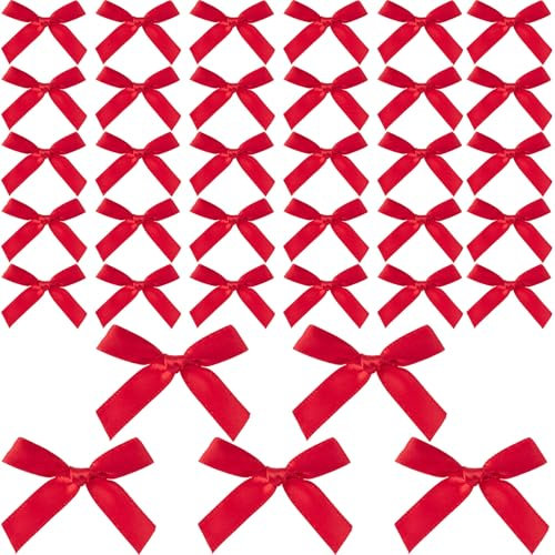 Pndeyo Mini-Geschenkpapier-Schleifen, kleine süße Satinband-Schleife, weiche Bastelschleife, Nähzubehör für Weihnachten, Hochzeit, Geburtstag, Party, Blumen, Bäckerei, Geschenkbox, Dekoration, Rot, 35
