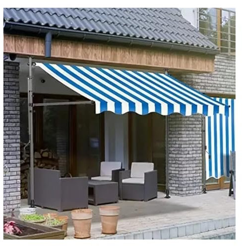 Ausziehbare Terrassenmarkise, Sonnenschutz, Unterstand für Außenbereich, Garten, Balkon, Teleskop-Design, kein Zusammenklappen erforderlich, Blau gestreift
