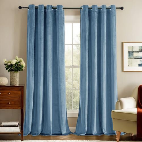 Deconovo Blickdichte Verdunklungsvorhänge Gardinen mit Ösen Schlafzimmer Samt Gardine Kälteschutz Wärmeisolierend Thermo Vorhang, 280x140 cm(HöhexBreite), Blaugrau, 2er Set
